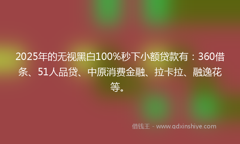 2025年的无视黑白100%秒下小额贷款有：360借条、51人品贷、中原消费金融、拉卡拉、融逸花等。