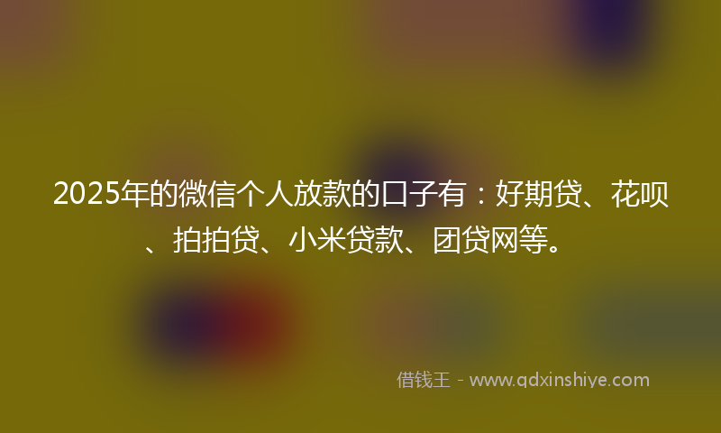 2025年的微信个人放款的口子有：好期贷、花呗、拍拍贷、小米贷款、团贷网等。