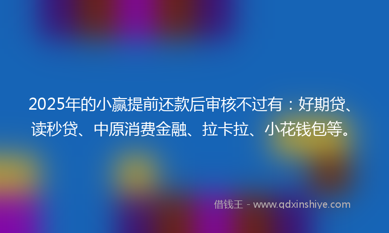 2025年的小赢提前还款后审核不过有：好期贷、读秒贷、中原消费金融、拉卡拉、小花钱包等。