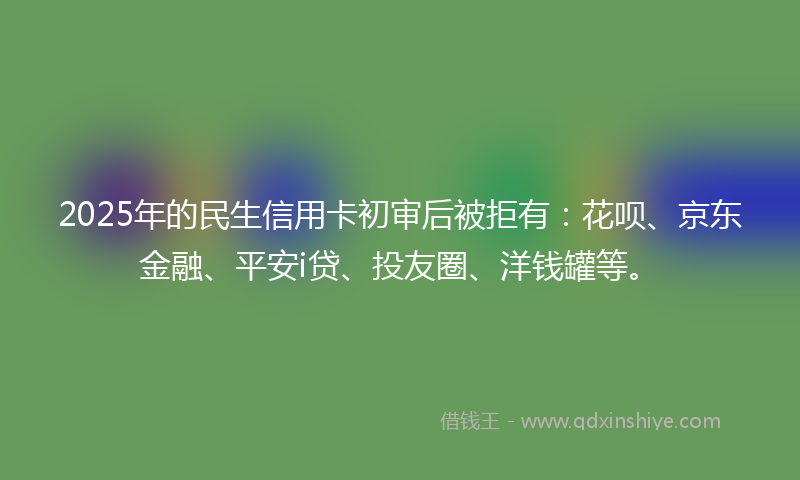 2025年的民生信用卡初审后被拒有：花呗、京东金融、平安i贷、投友圈、洋钱罐等。