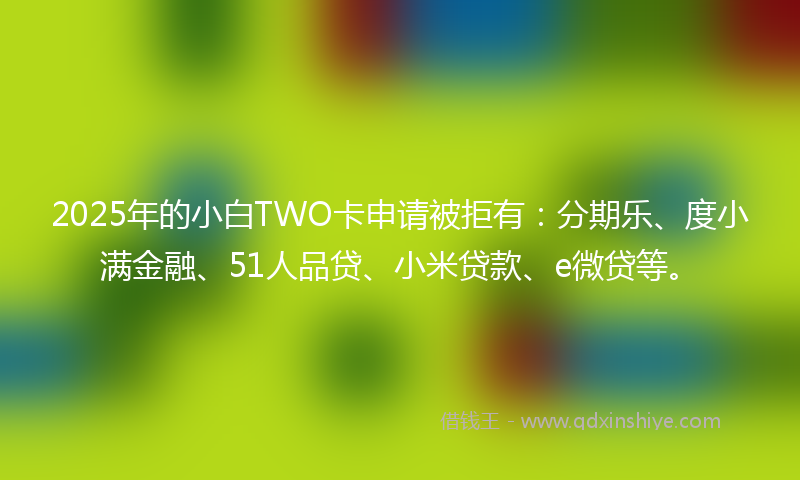 2025年的小白TWO卡申请被拒有：分期乐、度小满金融、51人品贷、小米贷款、e微贷等。