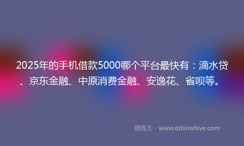 2025年的手机借款5000哪个平台最快有：滴水贷、京东金融、中原消费金融、安逸花、省呗等。