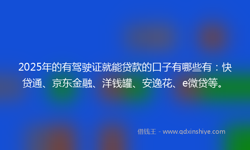 2025年的有驾驶证就能贷款的口子有哪些有：快贷通、京东金融、洋钱罐、安逸花、e微贷等。