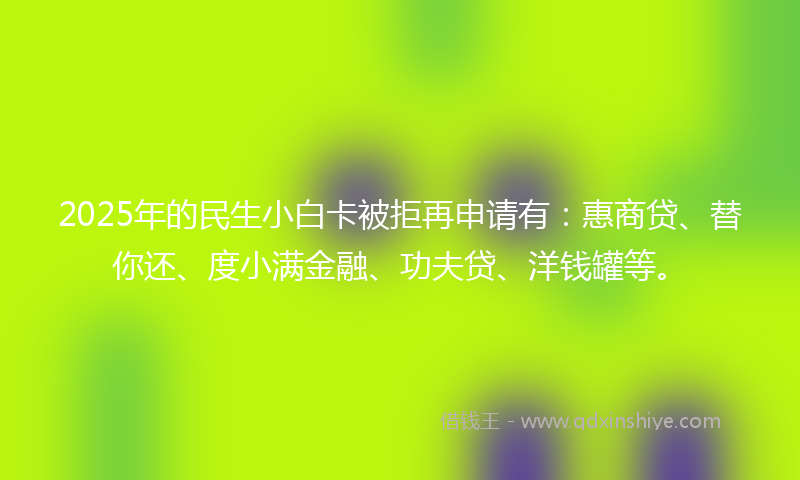 2025年的民生小白卡被拒再申请有：惠商贷、替你还、度小满金融、功夫贷、洋钱罐等。