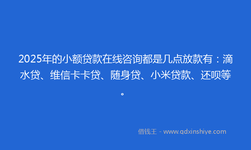 2025年的小额贷款在线咨询都是几点放款有：滴水贷、维信卡卡贷、随身贷、小米贷款、还呗等。