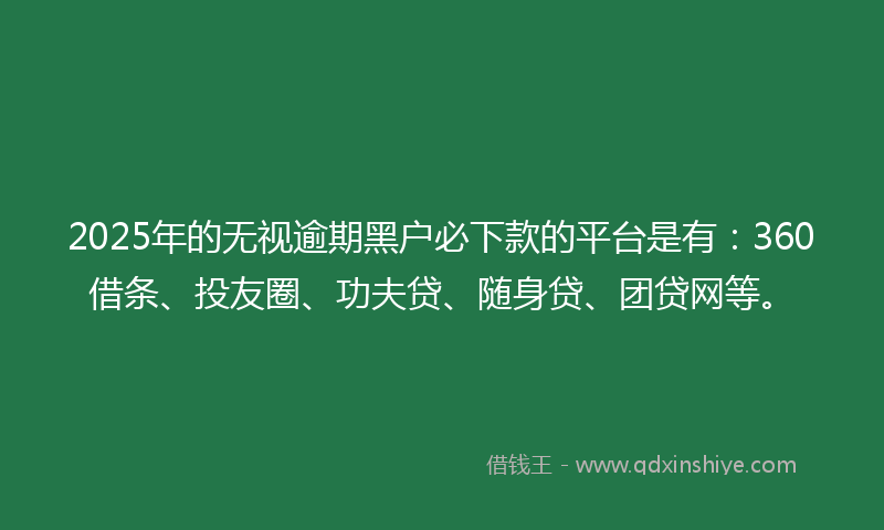 2025年的无视逾期黑户必下款的平台是有：360借条、投友圈、功夫贷、随身贷、团贷网等。