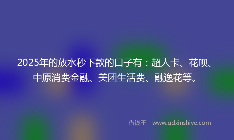 2025年的放水秒下款的口子有：超人卡、花呗、中原消费金融、美团生活费、融逸花等。
