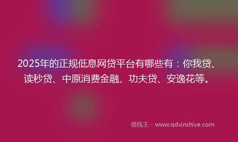 2025年的正规低息网贷平台有哪些有：你我贷、读秒贷、中原消费金融、功夫贷、安逸花等。