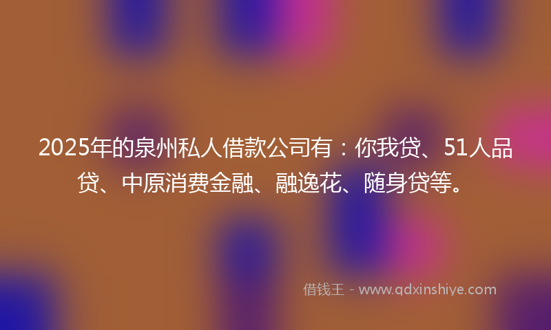 2025年的泉州私人借款公司有：你我贷、51人品贷、中原消费金融、融逸花、随身贷等。