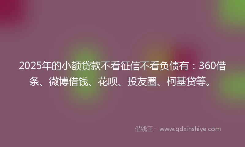 2025年的小额贷款不看征信不看负债有：360借条、微博借钱、花呗、投友圈、柯基贷等。