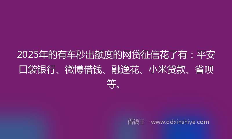 2025年的有车秒出额度的网贷征信花了有：平安口袋银行、微博借钱、融逸花、小米贷款、省呗等。