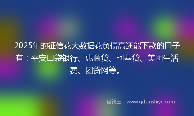 2025年的征信花大数据花负债高还能下款的口子有：平安口袋银行、惠商贷、柯基贷、美团生活费、团贷网等。