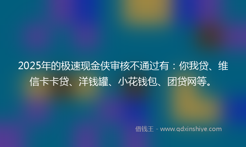 2025年的极速现金侠审核不通过有：你我贷、维信卡卡贷、洋钱罐、小花钱包、团贷网等。