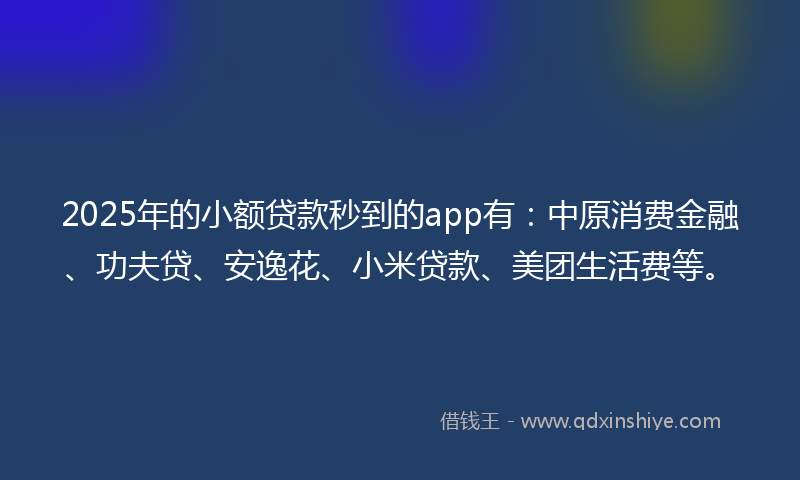2025年的小额贷款秒到的app有：中原消费金融、功夫贷、安逸花、小米贷款、美团生活费等。