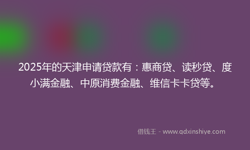 2025年的天津申请贷款有：惠商贷、读秒贷、度小满金融、中原消费金融、维信卡卡贷等。