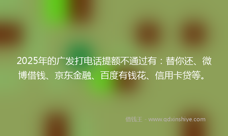 2025年的广发打电话提额不通过有：替你还、微博借钱、京东金融、百度有钱花、信用卡贷等。