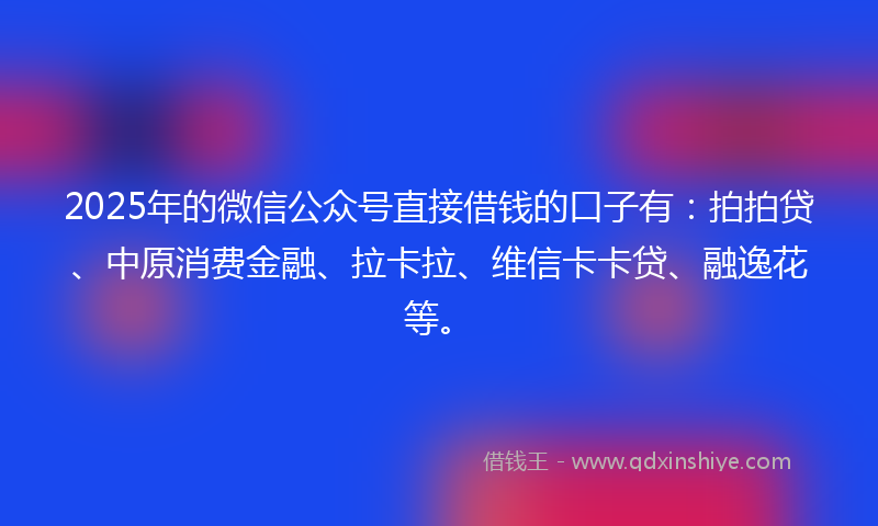 2025年的微信公众号直接借钱的口子有：拍拍贷、中原消费金融、拉卡拉、维信卡卡贷、融逸花等。