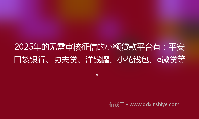 2025年的无需审核征信的小额贷款平台有：平安口袋银行、功夫贷、洋钱罐、小花钱包、e微贷等。