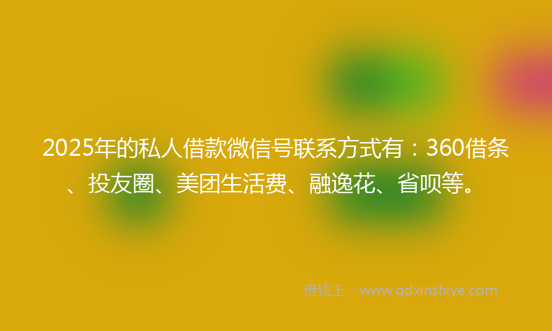 2025年的私人借款微信号联系方式有：360借条、投友圈、美团生活费、融逸花、省呗等。