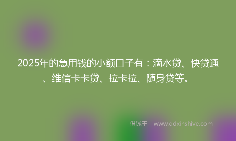 2025年的急用钱的小额口子有：滴水贷、快贷通、维信卡卡贷、拉卡拉、随身贷等。