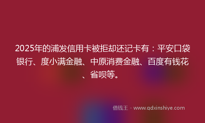 2025年的浦发信用卡被拒却还记卡有：平安口袋银行、度小满金融、中原消费金融、百度有钱花、省呗等。