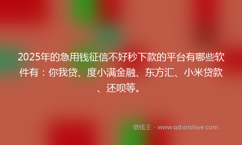 2025年的急用钱征信不好秒下款的平台有哪些软件有：你我贷、度小满金融、东方汇、小米贷款、还呗等。