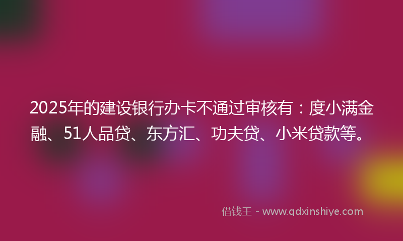 2025年的建设银行办卡不通过审核有：度小满金融、51人品贷、东方汇、功夫贷、小米贷款等。