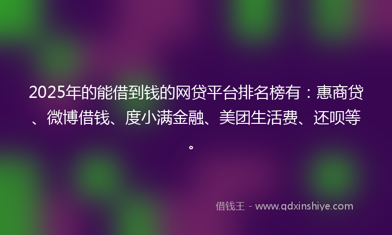2025年的能借到钱的网贷平台排名榜有：惠商贷、微博借钱、度小满金融、美团生活费、还呗等。
