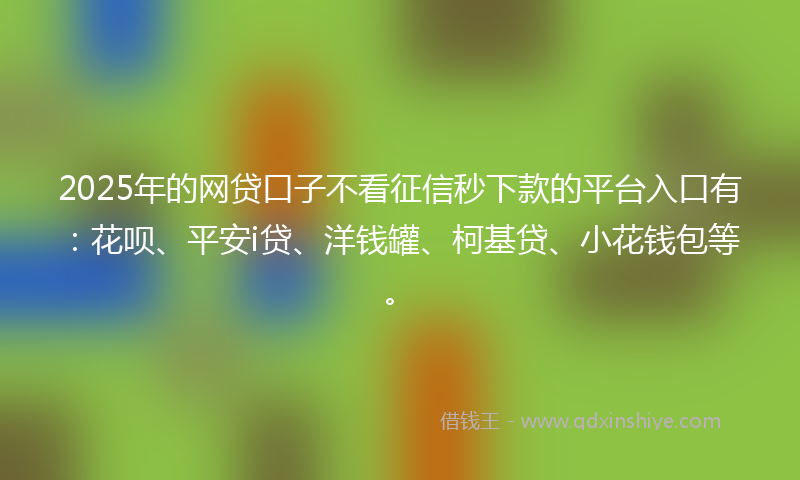 2025年的网贷口子不看征信秒下款的平台入口有：花呗、平安i贷、洋钱罐、柯基贷、小花钱包等。