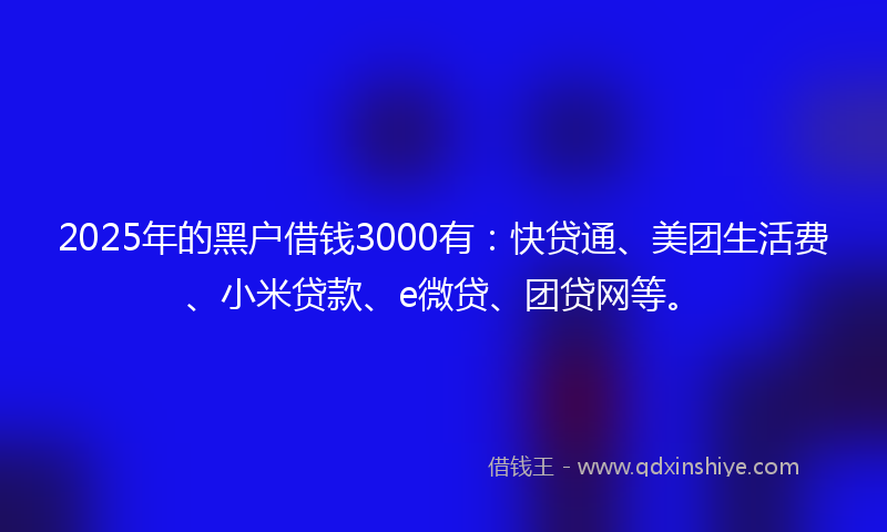 2025年的黑户借钱3000有：快贷通、美团生活费、小米贷款、e微贷、团贷网等。