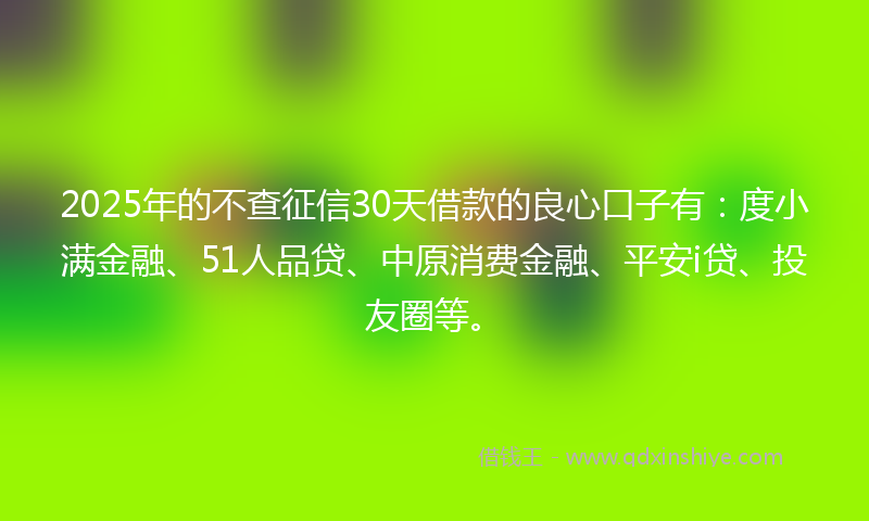 2025年的不查征信30天借款的良心口子有：度小满金融、51人品贷、中原消费金融、平安i贷、投友圈等。
