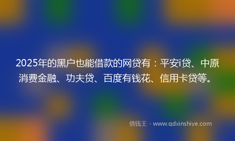 2025年的黑户也能借款的网贷有：平安i贷、中原消费金融、功夫贷、百度有钱花、信用卡贷等。
