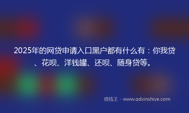2025年的网贷申请入口黑户都有什么有：你我贷、花呗、洋钱罐、还呗、随身贷等。