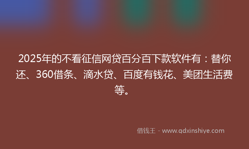 2025年的不看征信网贷百分百下款软件有：替你还、360借条、滴水贷、百度有钱花、美团生活费等。