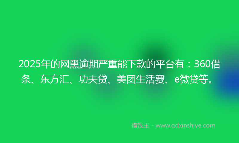 2025年的网黑逾期严重能下款的平台有：360借条、东方汇、功夫贷、美团生活费、e微贷等。
