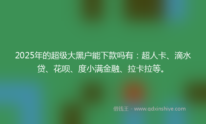2025年的超级大黑户能下款吗有：超人卡、滴水贷、花呗、度小满金融、拉卡拉等。