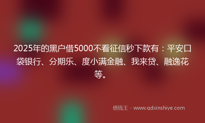 2025年的黑户借5000不看征信秒下款有：平安口袋银行、分期乐、度小满金融、我来贷、融逸花等。