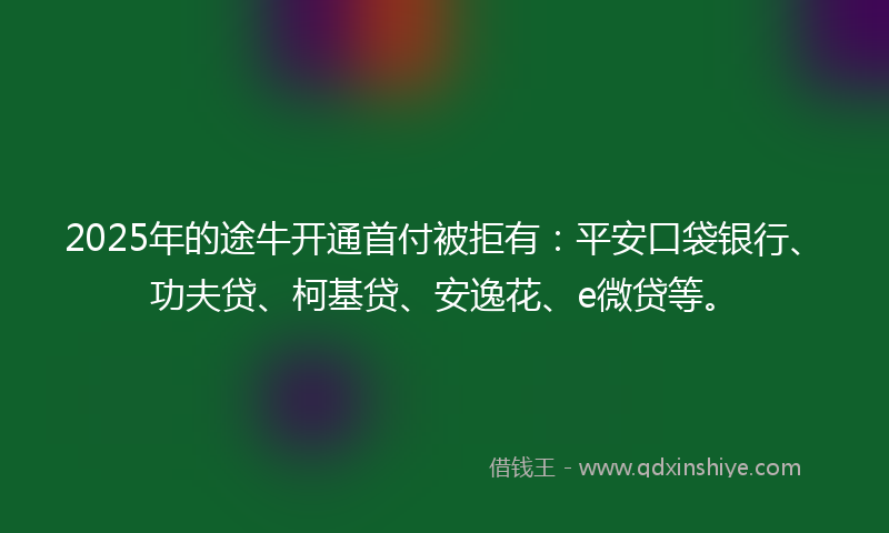 2025年的途牛开通首付被拒有：平安口袋银行、功夫贷、柯基贷、安逸花、e微贷等。