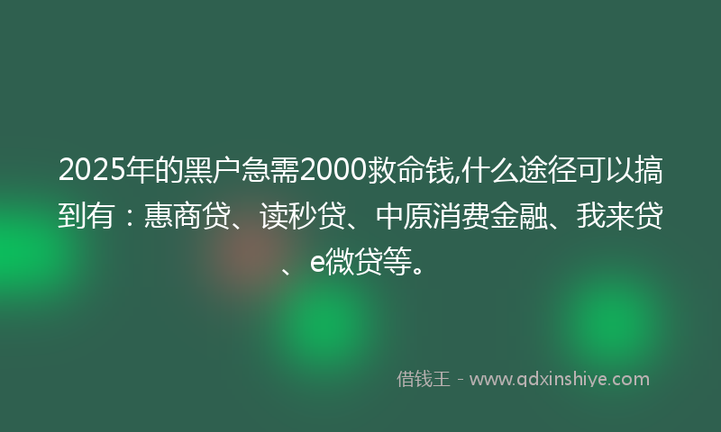 2025年的黑户急需2000救命钱,什么途径可以搞到有：惠商贷、读秒贷、中原消费金融、我来贷、e微贷等。