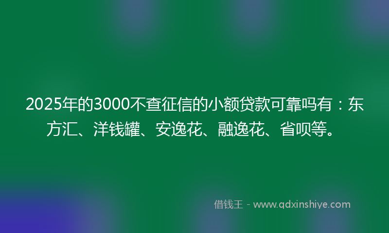 2025年的3000不查征信的小额贷款可靠吗有：东方汇、洋钱罐、安逸花、融逸花、省呗等。