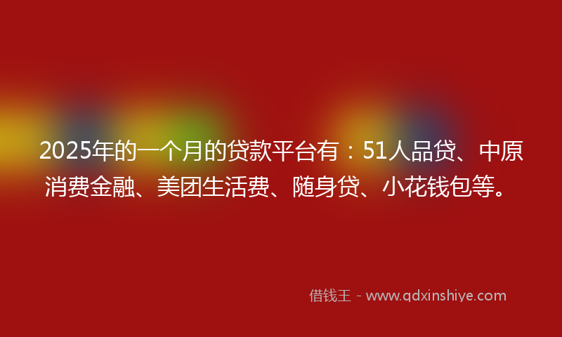 2025年的一个月的贷款平台有：51人品贷、中原消费金融、美团生活费、随身贷、小花钱包等。