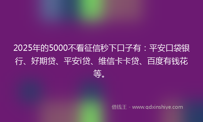 2025年的5000不看征信秒下口子有：平安口袋银行、好期贷、平安i贷、维信卡卡贷、百度有钱花等。