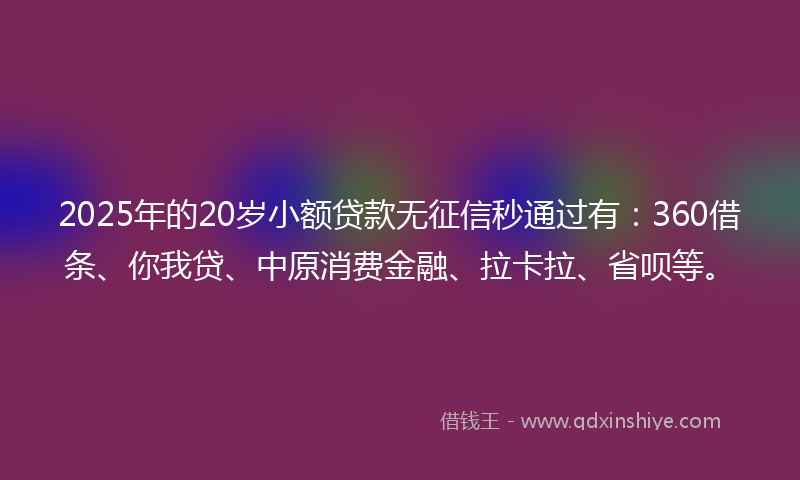 2025年的20岁小额贷款无征信秒通过有：360借条、你我贷、中原消费金融、拉卡拉、省呗等。