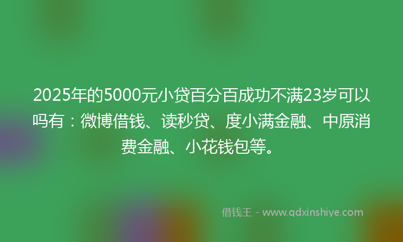 2025年的5000元小贷百分百成功不满23岁可以吗有：微博借钱、读秒贷、度小满金融、中原消费金融、小花钱包等。