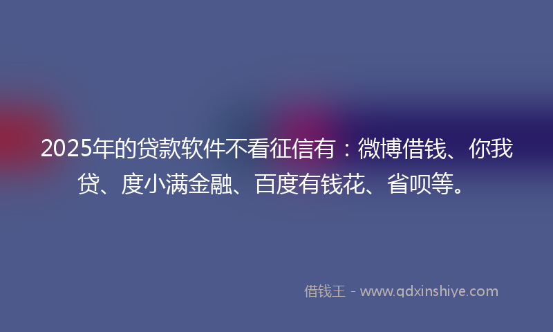 2025年的贷款软件不看征信有：微博借钱、你我贷、度小满金融、百度有钱花、省呗等。