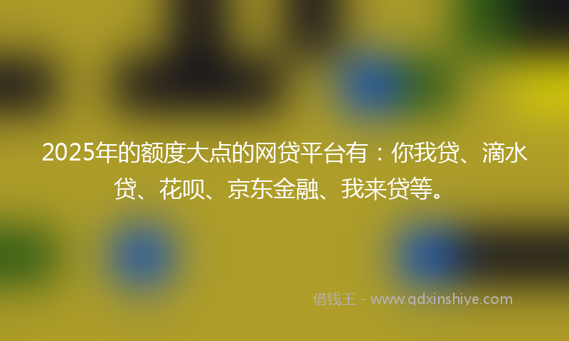 2025年的额度大点的网贷平台有：你我贷、滴水贷、花呗、京东金融、我来贷等。