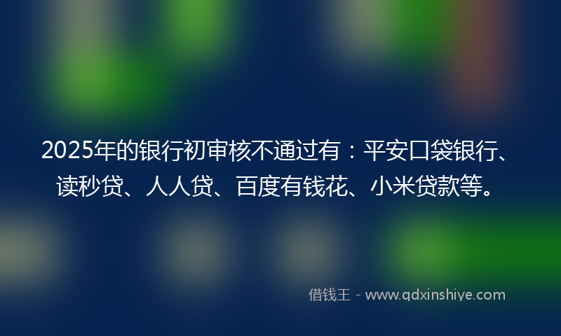 2025年的银行初审核不通过有:平安口袋银行、读秒贷、人人贷、百度有钱花、小米贷款等。