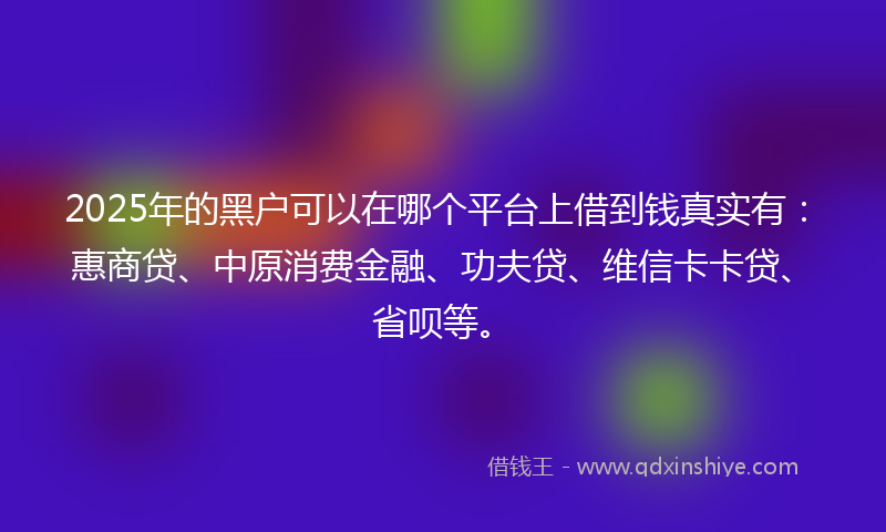 2025年的黑户可以在哪个平台上借到钱真实有：惠商贷、中原消费金融、功夫贷、维信卡卡贷、省呗等。