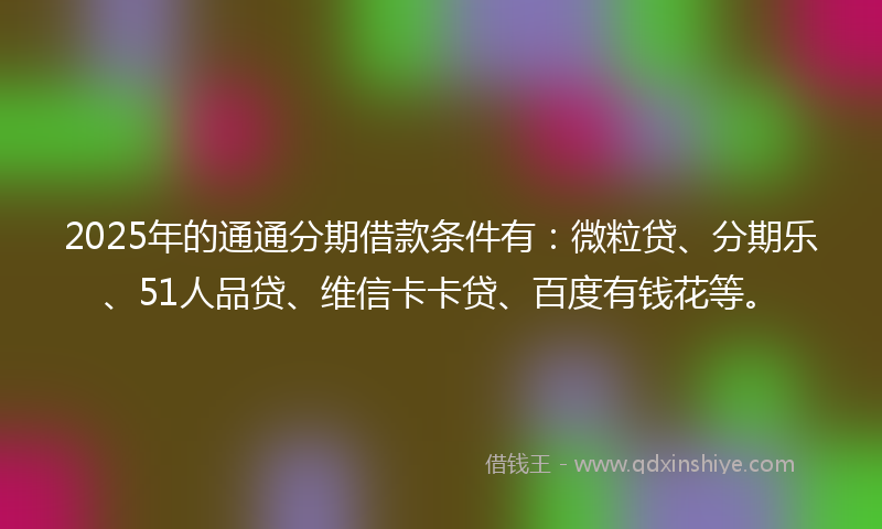 2025年的通通分期借款条件有:微粒贷、分期乐、51人品贷、维信卡卡贷、百度有钱花等。