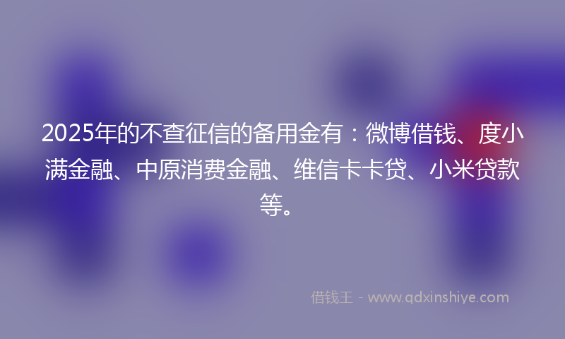 2025年的不查征信的备用金有：微博借钱、度小满金融、中原消费金融、维信卡卡贷、小米贷款等。